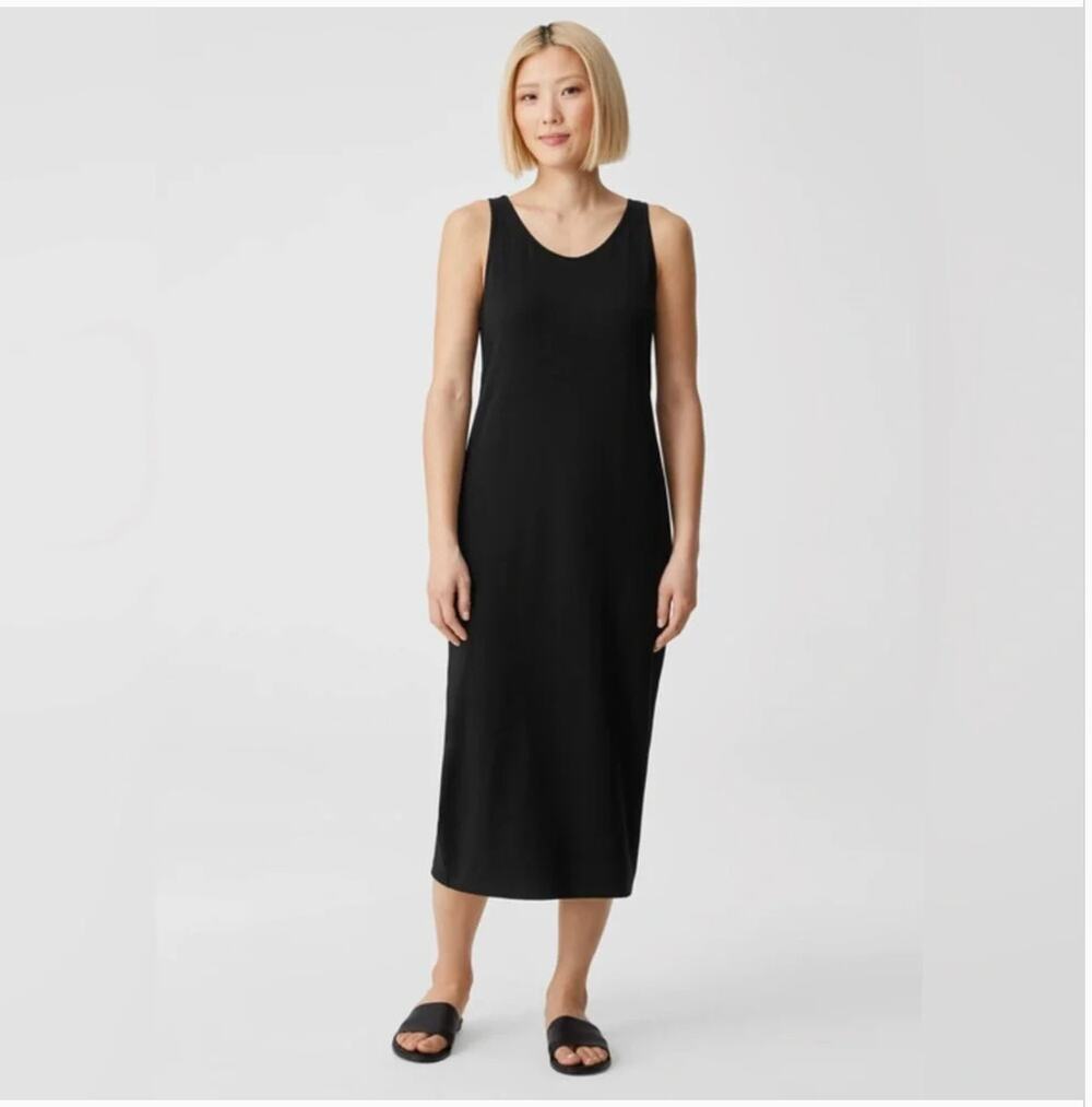 Eileen Fisher Black Midi Tank Dress Small Sleeveless Stretch Jersey Minimalist